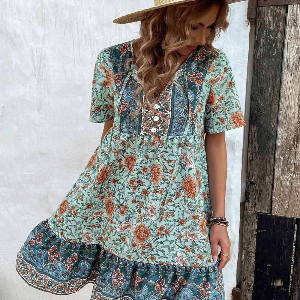 Multicolor Boho Womens Floral Print Tie Neck Smock Dress - Picture 5 of 5